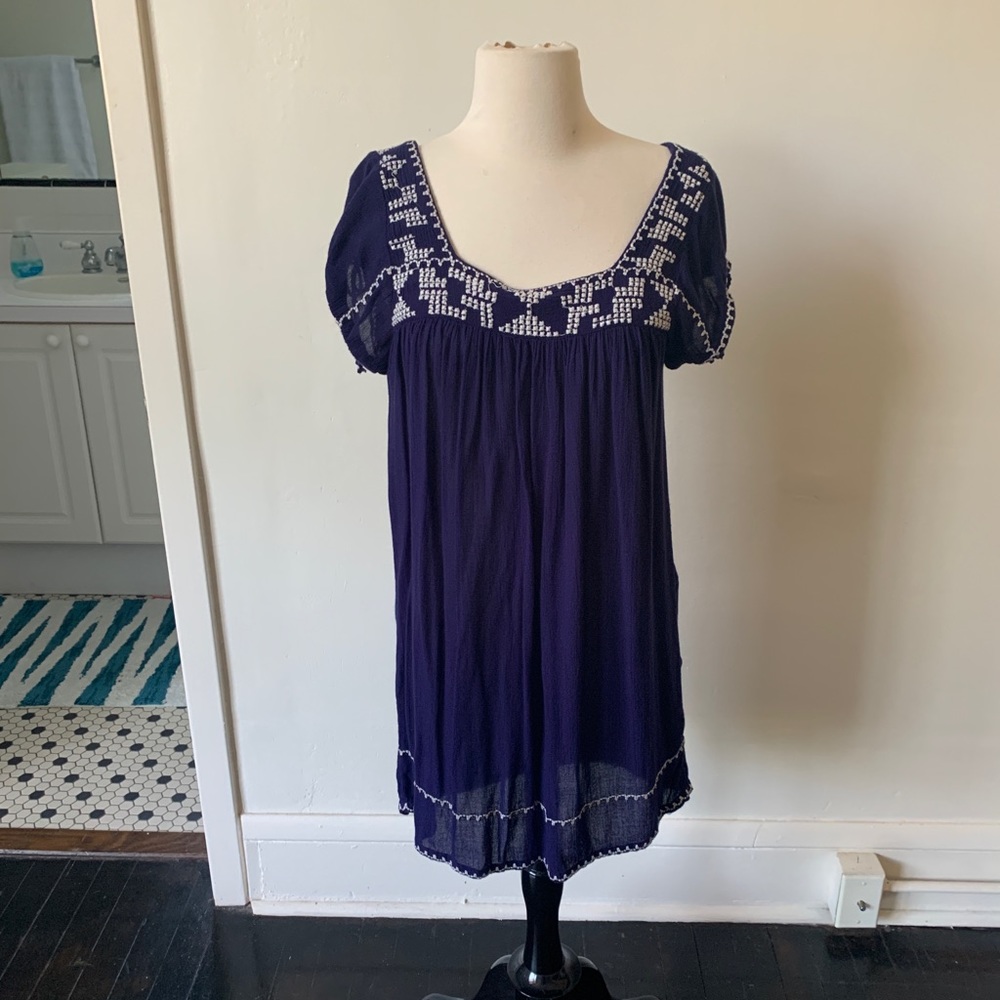 Mexican Embroidered Blue Mini Dress
